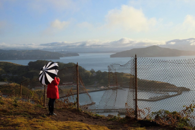 A person in a red coat holds a black and white umbrella, standing near a chain-link fence at Battery Spencer. They overlook the San Francisco Bay with distant hills under a partly cloudy sky.
